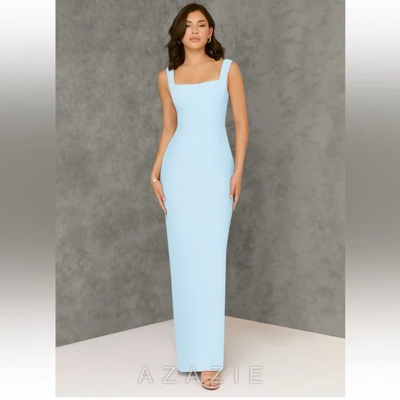 Sky Blue Sheath Square Neck Chiffon Dress - Picture 6 of 9